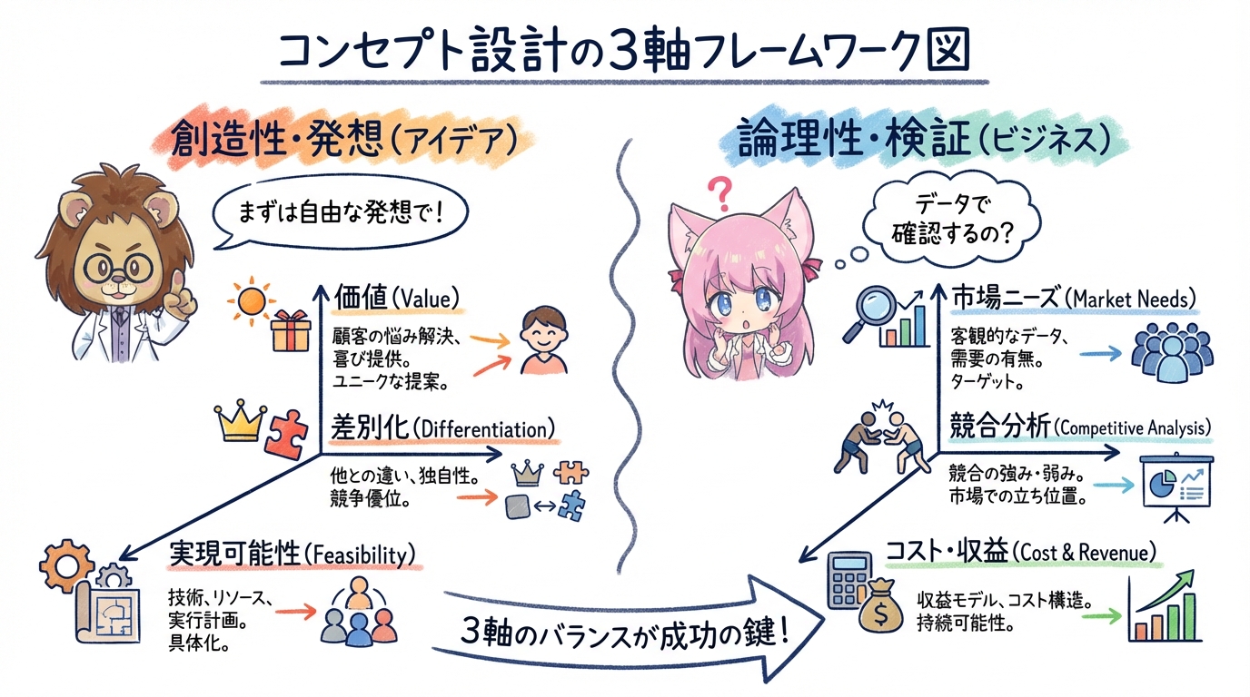 コンセプト設計の3軸フレームワーク図