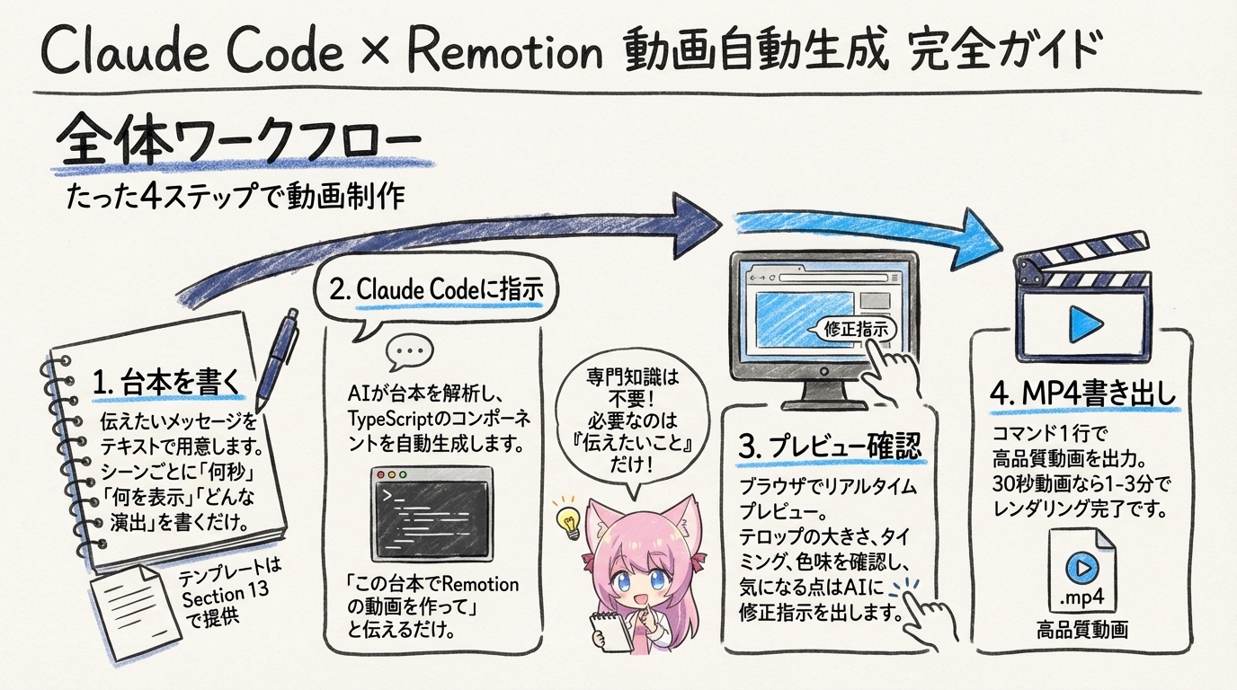 台本→Claude Code指示→プレビュー→MP4書き出しの4ステップフロー図