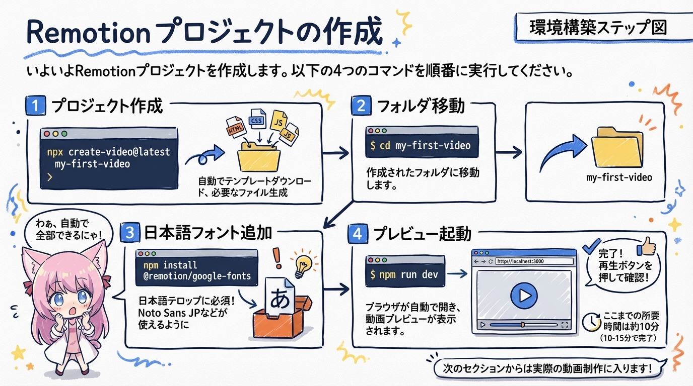 ターミナルでコマンド実行→ブラウザでプレビュー表示の環境構築ステップ図