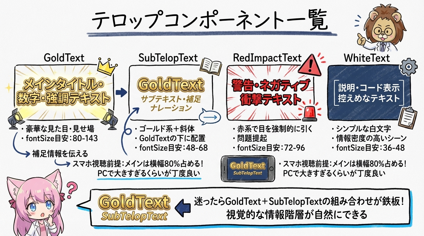 4種類のテロップコンポーネント（GoldText・SubTelop・RedImpact・WhiteText）の見た目サンプル比較図