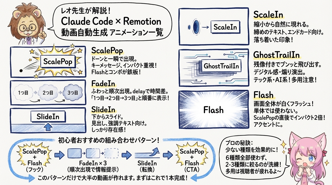 6種類のアニメーション（ScalePop・FadeIn・SlideIn・ScaleIn・GhostTrail・Flash）の動きイメージ分類図