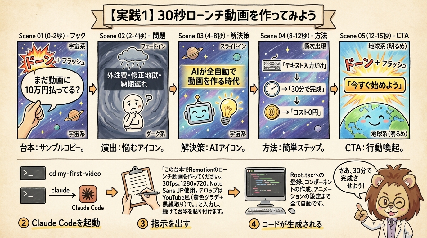 5シーン構成のストーリーボード（フック→問題→解決策→方法→CTA）の全体像