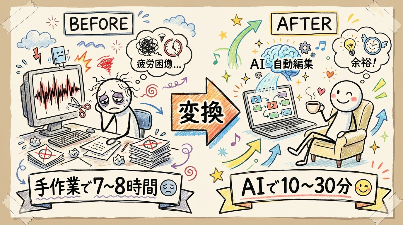 手作業7〜8時間 vs AI自動10〜30分の比較図