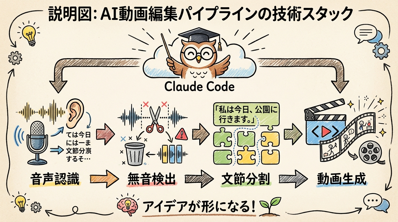 AI動画編集パイプラインの技術スタック — 音声認識→無音検出→文節分割→動画生成