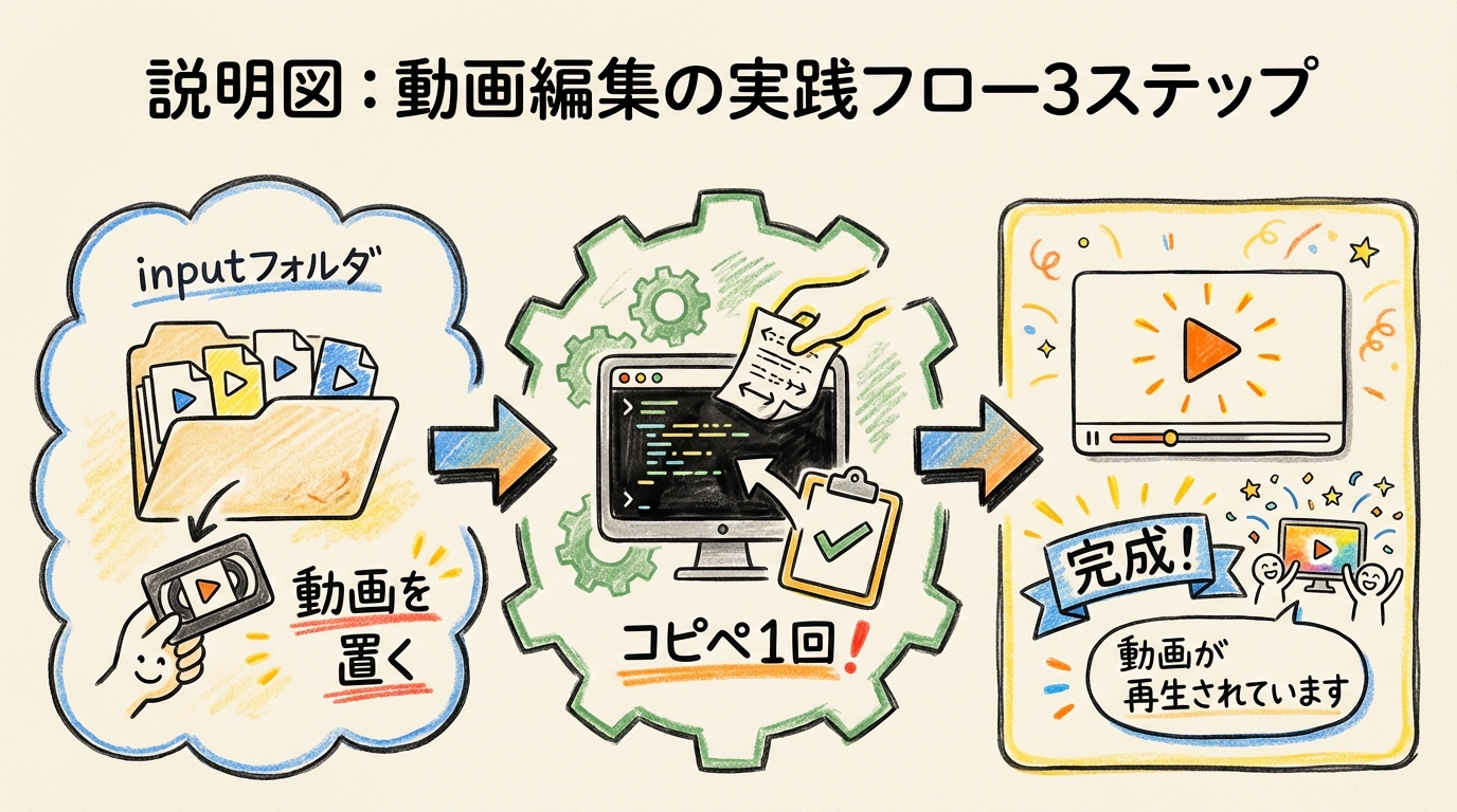 動画を置く→コピペ1回→完成の3ステップフロー