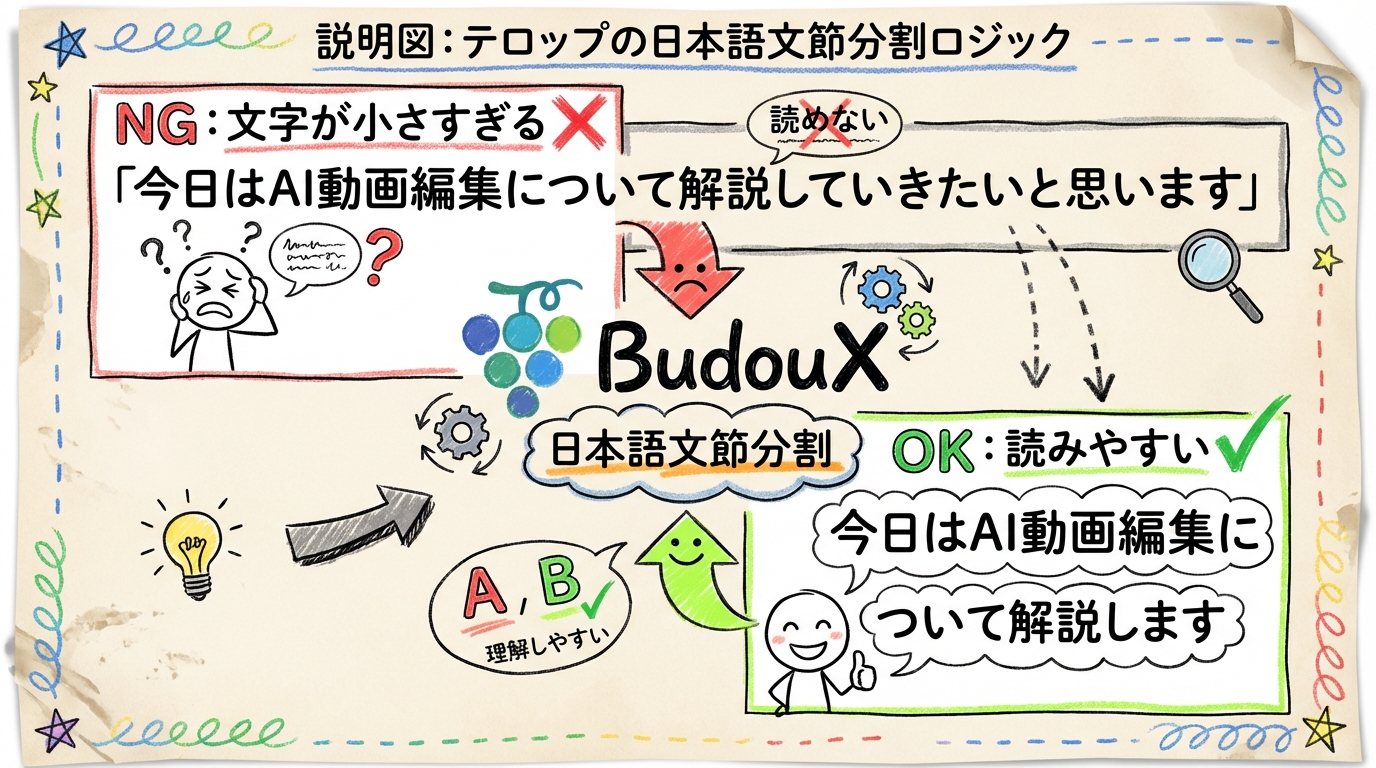 BudouXによる日本語テロップ分割 — NGとOKの比較