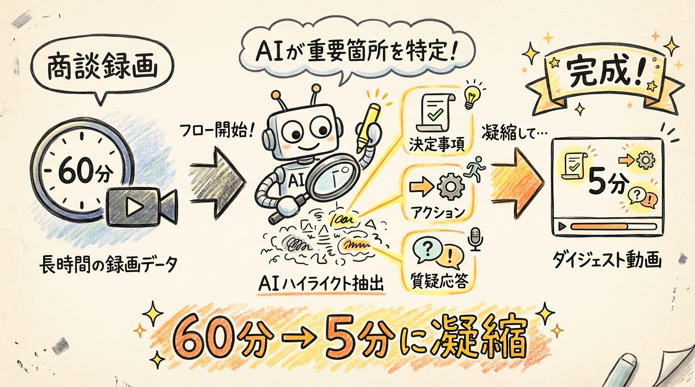 60分の商談録画→AIが重要箇所を特定→5分のダイジェスト動画